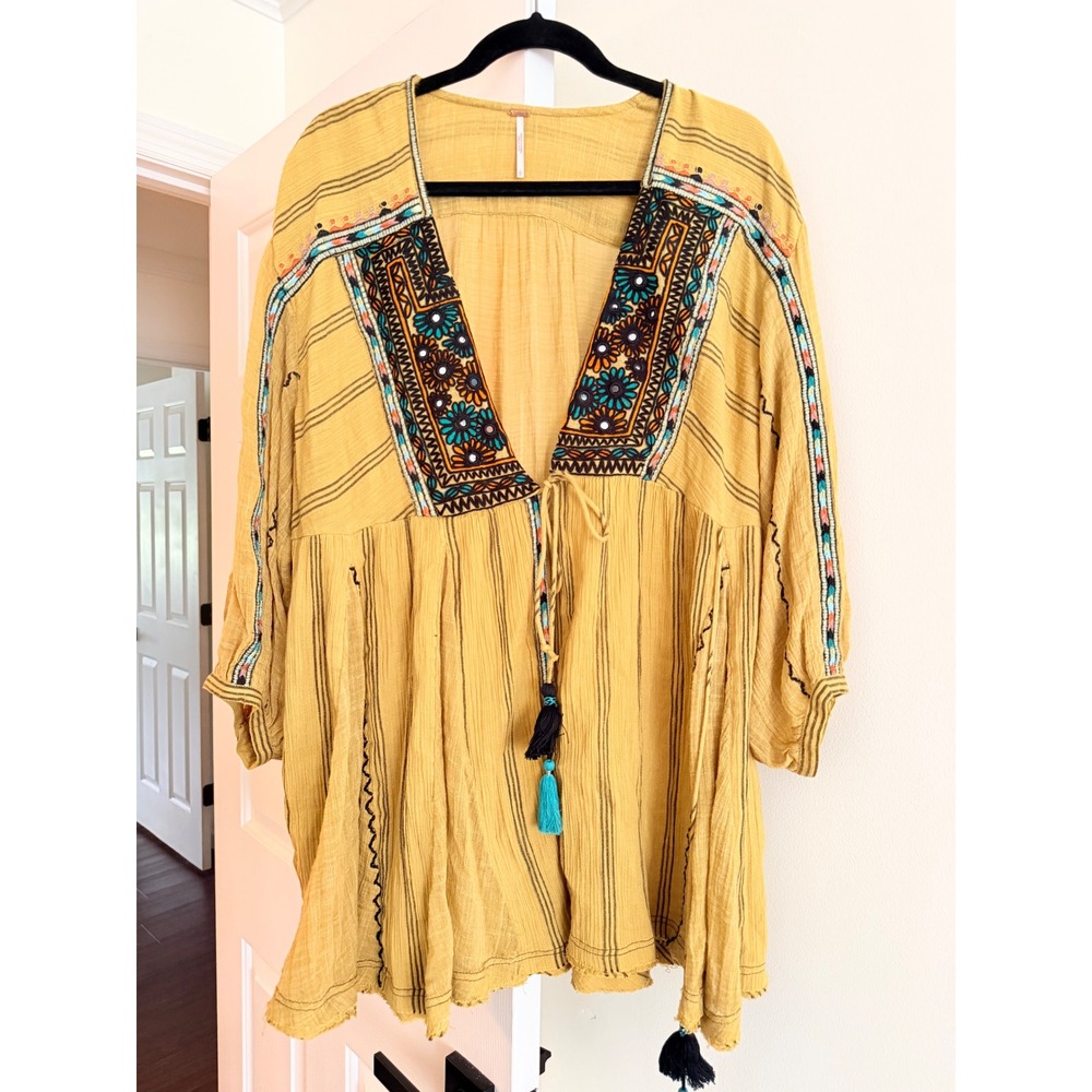 Free People Mustard Yellow Embroidered Boho Tassel Tunic Top Large OB1129941
